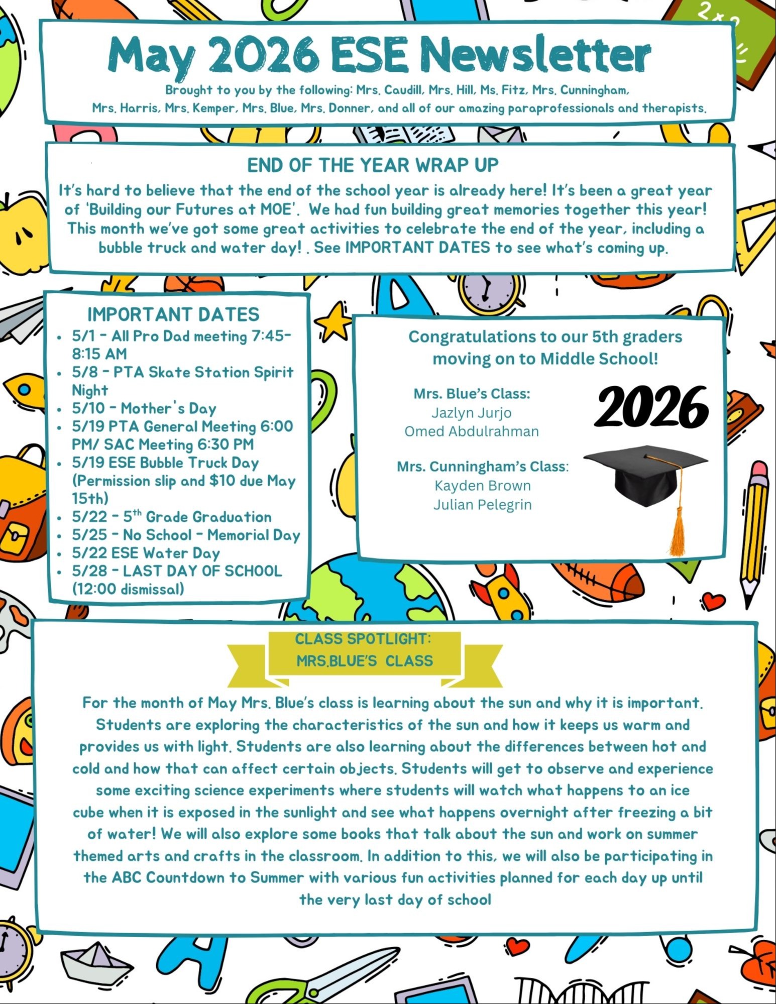 A newsletter for May 2026 includes dates, events, and a class spotlight. The page features a hat, book, and text.