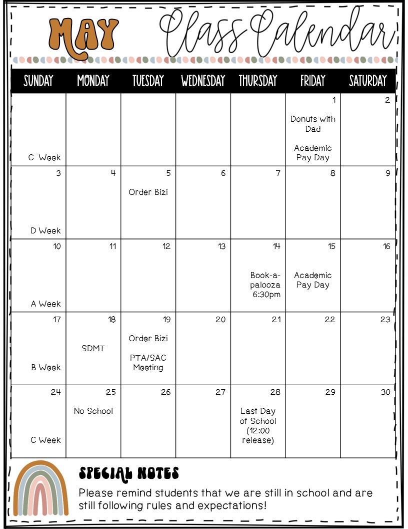 A calendar for May is shown. It has seven columns: Sunday, Monday, Tuesday, Wednesday, Thursday, Friday, and Saturday.