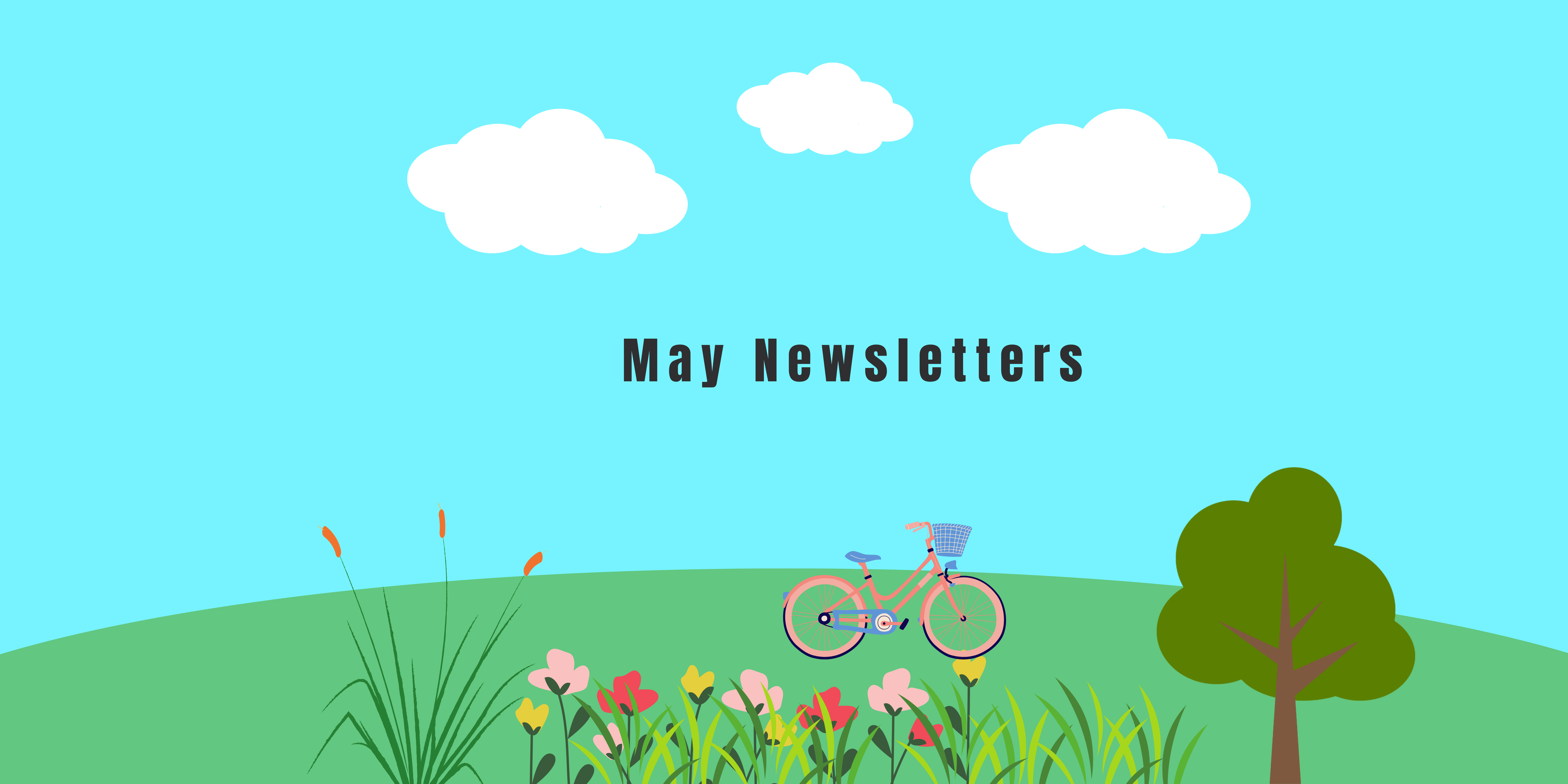 A field with flowers and a bicycle under a blue sky with clouds. A tree is beside the bicycle.