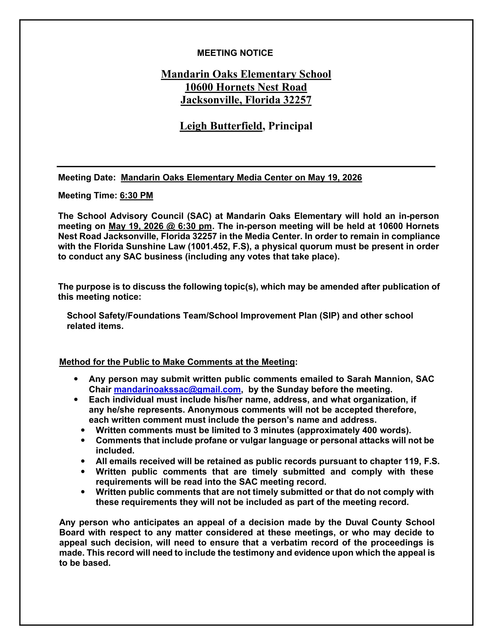 A document with "Meeting Notice" at the top. It lists a meeting date, time, and location. Details about the School Advisory Council meeting at Mandarin Oaks Elementary School include the agenda, contact info, and public comment procedures.
