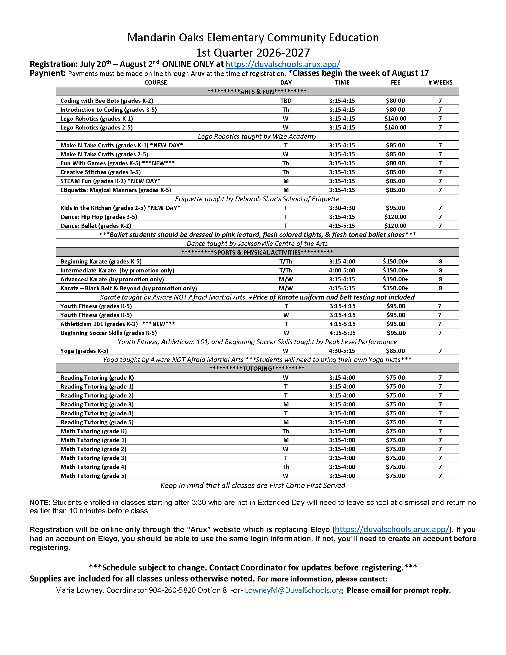 A document with tables displays information about registration and fees for Mandarin Oaks Elementary Community Education for the year 2026-2027.