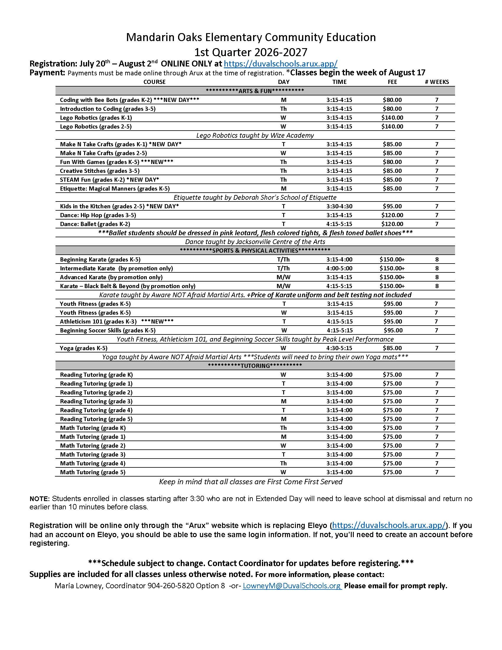 A table with text about Mandarin Oaks Elementary Community Education for the 2026-2027 school year.