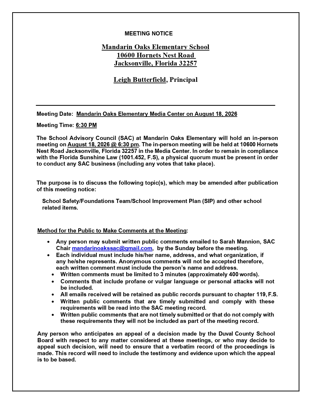 A document includes details about a meeting held by Mandarin Oaks Elementary School. It specifies the date, time, and location. The document outlines the procedure for public comments and mentions related items.