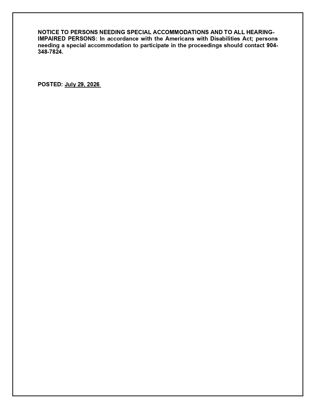 Document text in black on white background. "Notice to persons needing special accommodations and to all hearing-impaired persons" is at the top. "Posted July 29, 2020" is at the bottom.