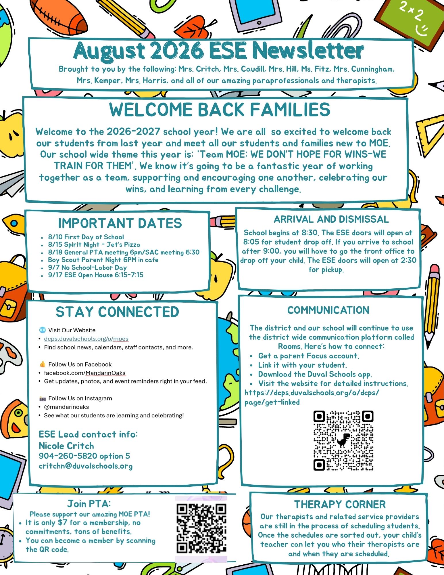 Document with sections on welcome, important dates, stay connected, communication, and therapy corner. Contains text and QR codes.