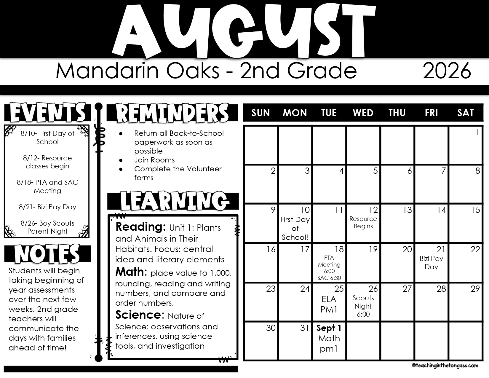 Calendar for August 2026 for 2nd grade at Mandarin Oaks. Sections include events, reminders, learning, notes, and days of the week.