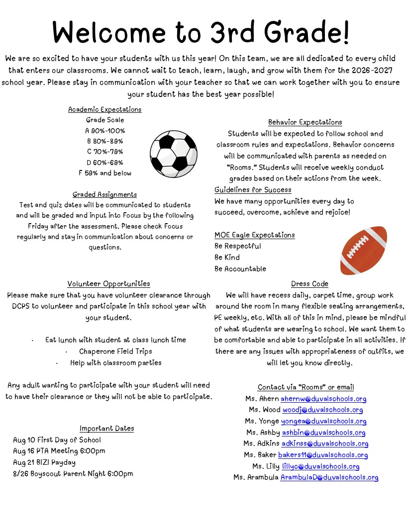 Document titled "Welcome to 3rd Grade!" with a soccer ball and football image. It details school year expectations, volunteer opportunities, and meeting times.