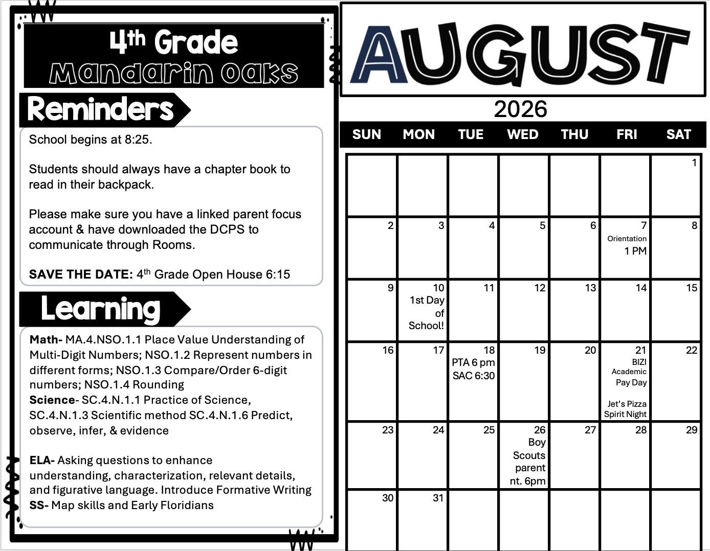 A black and white page shows a calendar for August 2026 with dates and reminders for a 4th grade class.