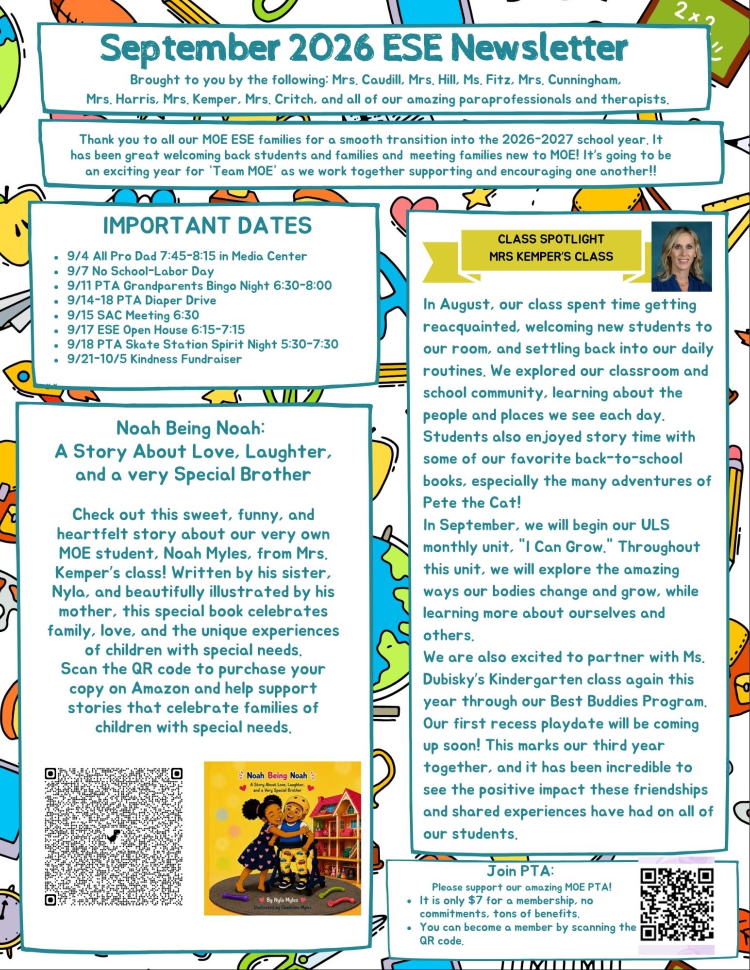 A newsletter from September 2026 shows a teacher with her class, a spotlight on a student named Pete, and a story about a student named Noah.