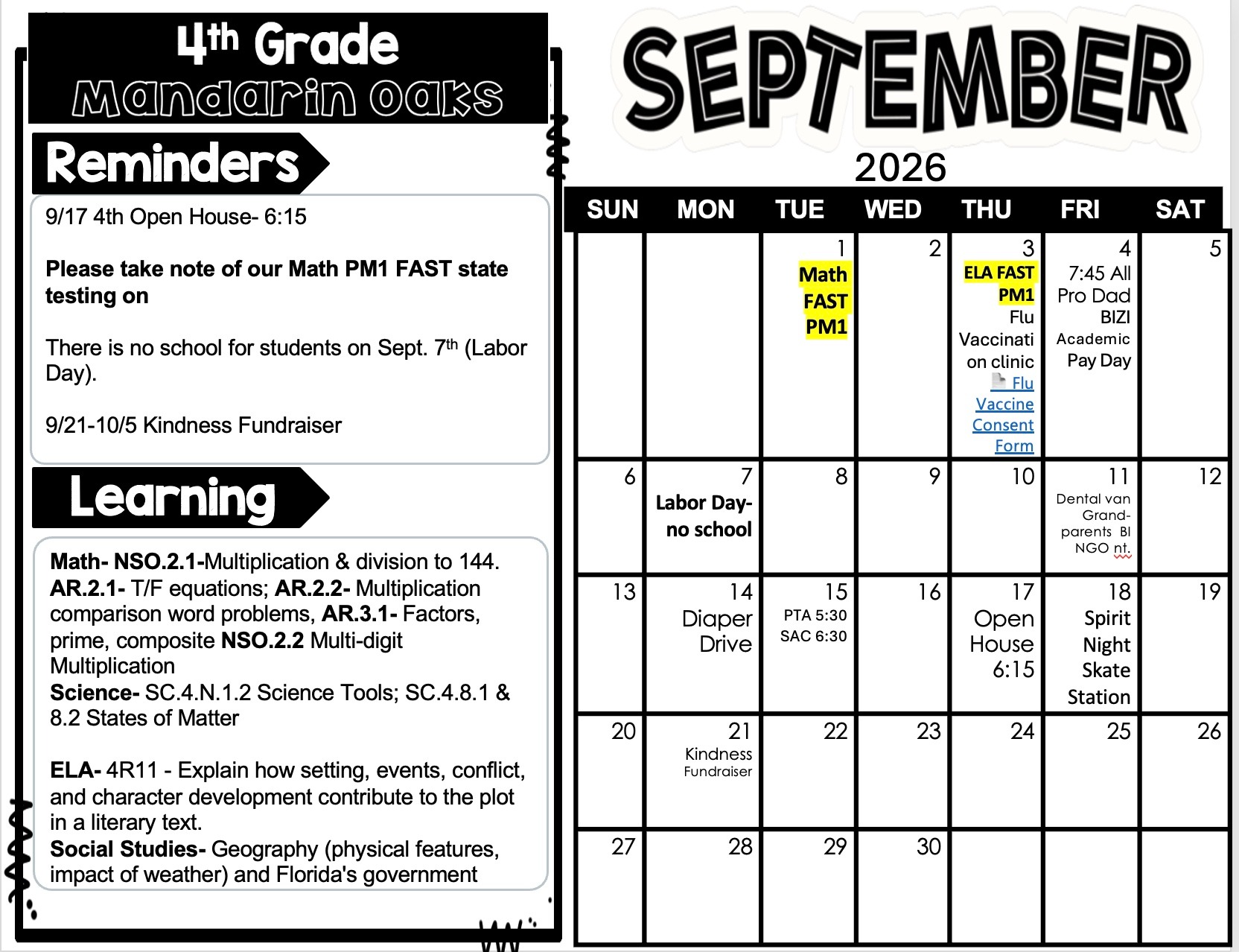 A calendar for September 2026, featuring a table with subjects and dates, including Math, Science, and Open House.