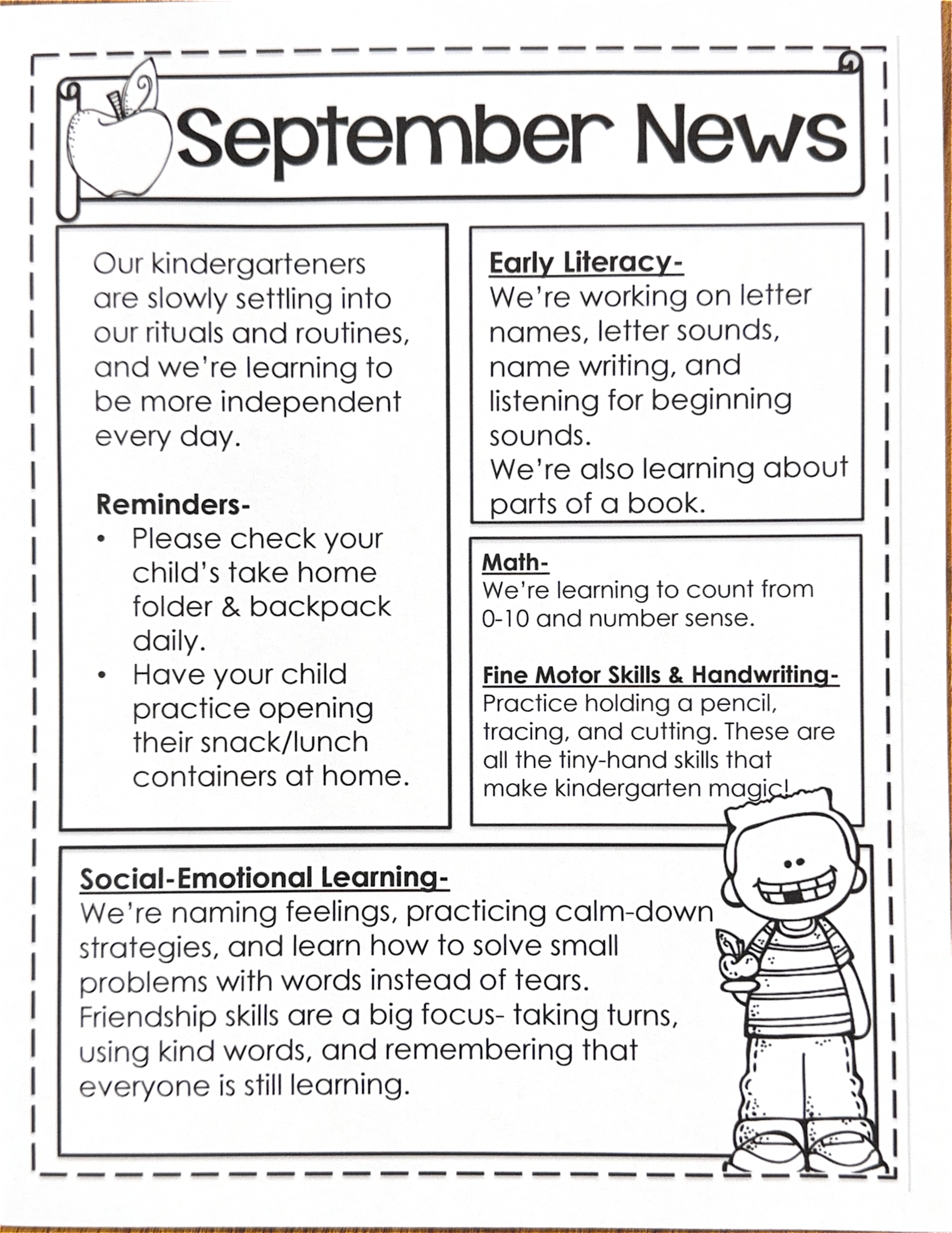 White page with black text. Sections include "September News," "Early Literacy," "Reminders," "Math," and "Social-Emotional Learning." Text and illustrations.
