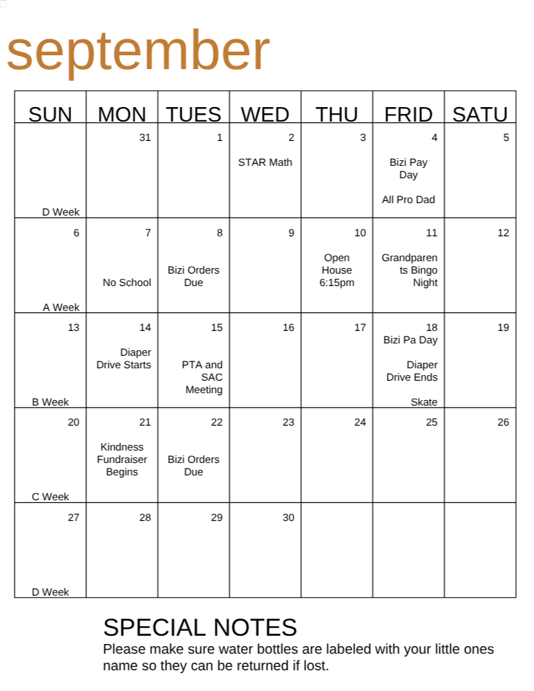 A grid shows a month's calendar with headings for Sunday through Saturday, and rows for the first through fifth weeks.