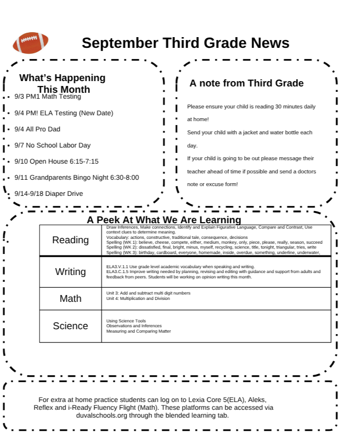 Document with title "September Third Grade News" includes sections on what's happening, notes from third grade, and what students are learning.