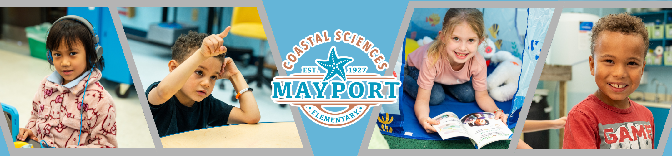 Collage of children in classroom setting, one raising hand, another reading, and logo "Coastal Science Mayport" in center.