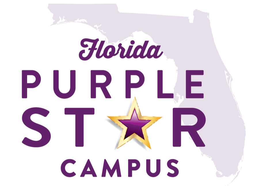 Logo for Florida Purple Star Campus with the state of Florida silhouette in purple, and text in purple and gold.