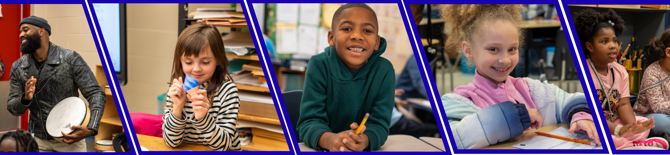 Five images of students and teachers in the classroom