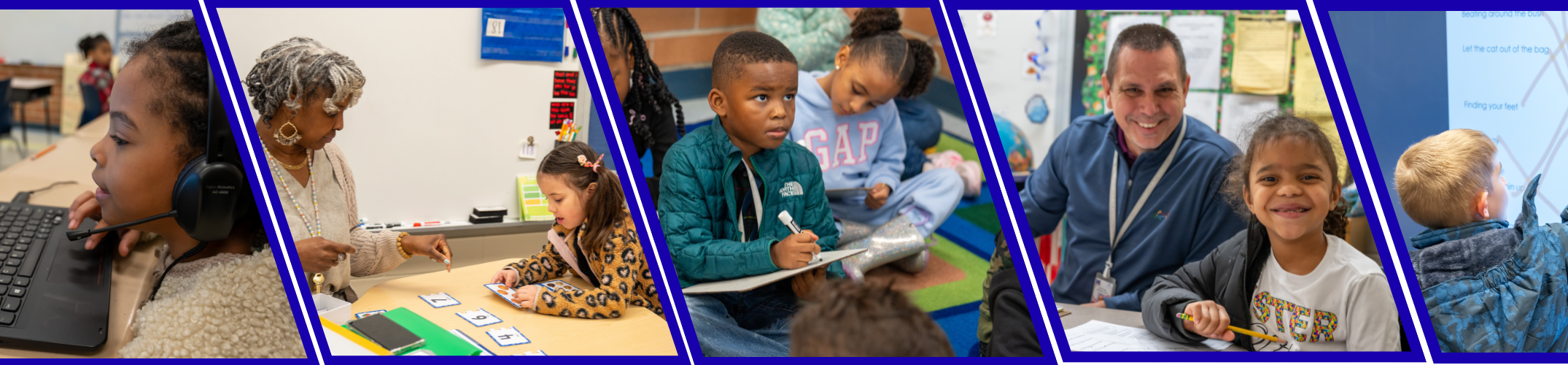 Multiple images of children in classroom settings.