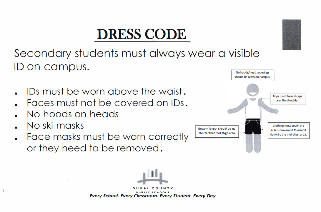 A white page displays "Dress Code" text with rules about ID cards, face masks, and ski masks. An illustrated person highlights these rules.