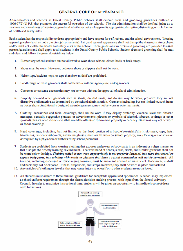 A document titled "General Code of Appearance" outlines dress code rules with illustrations of a figure for examples.