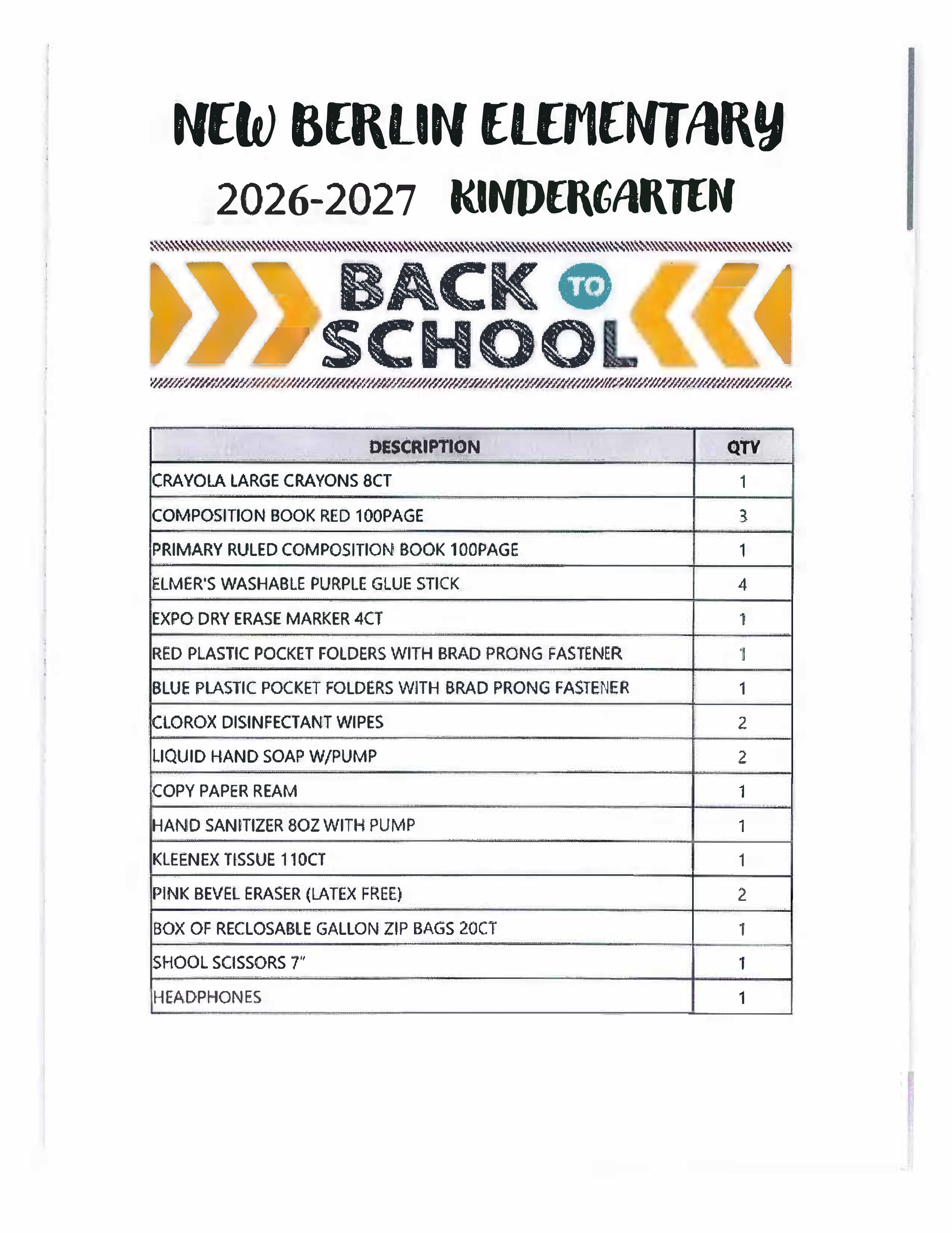 White background displays a table with a heading "BACK TO SCHOOL" for the 2026-2027 kindergarten. Below, a list of items includes crayons, composition book, glue, markers, and more.