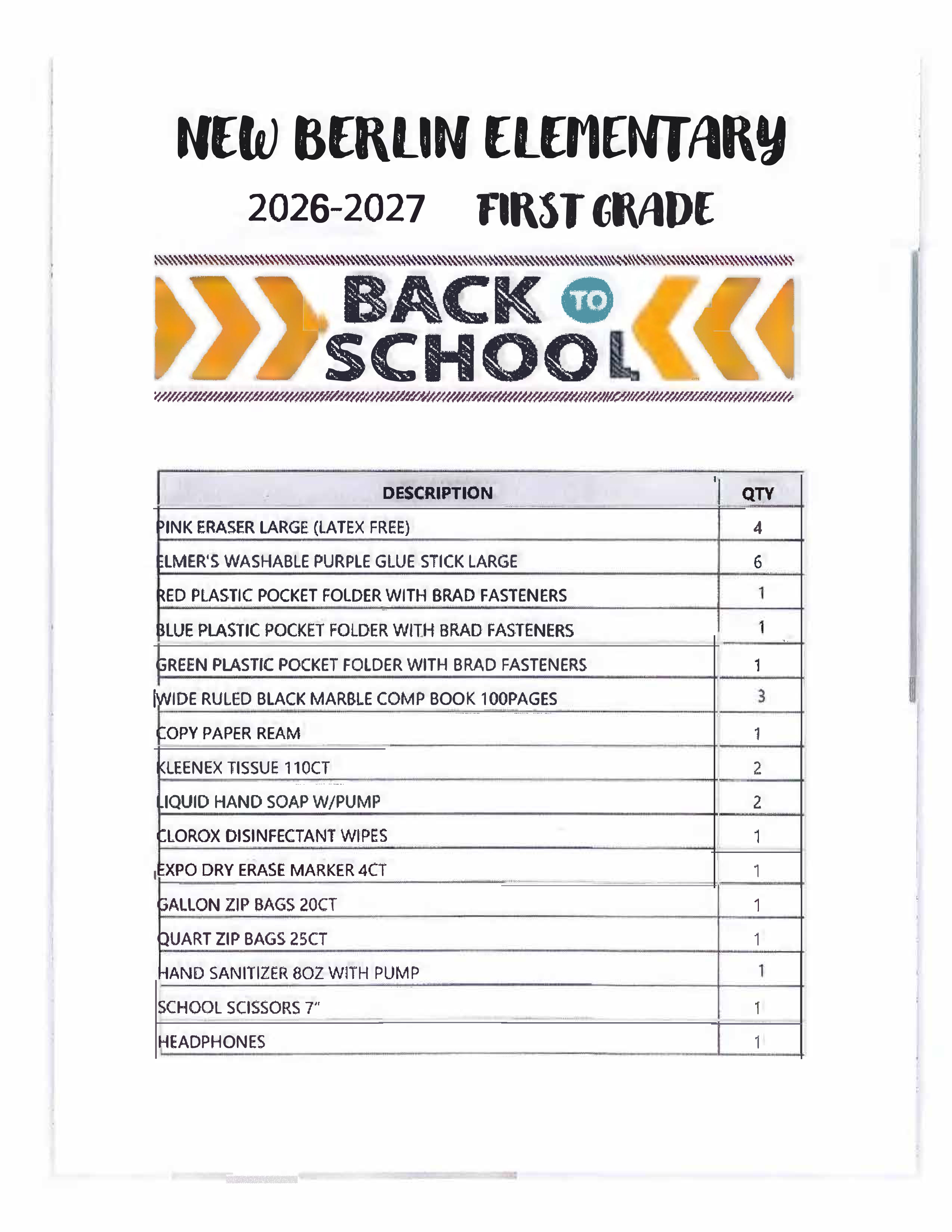 A list of school supplies for New Berlin Elementary's 2026-2027 school year for first grade.