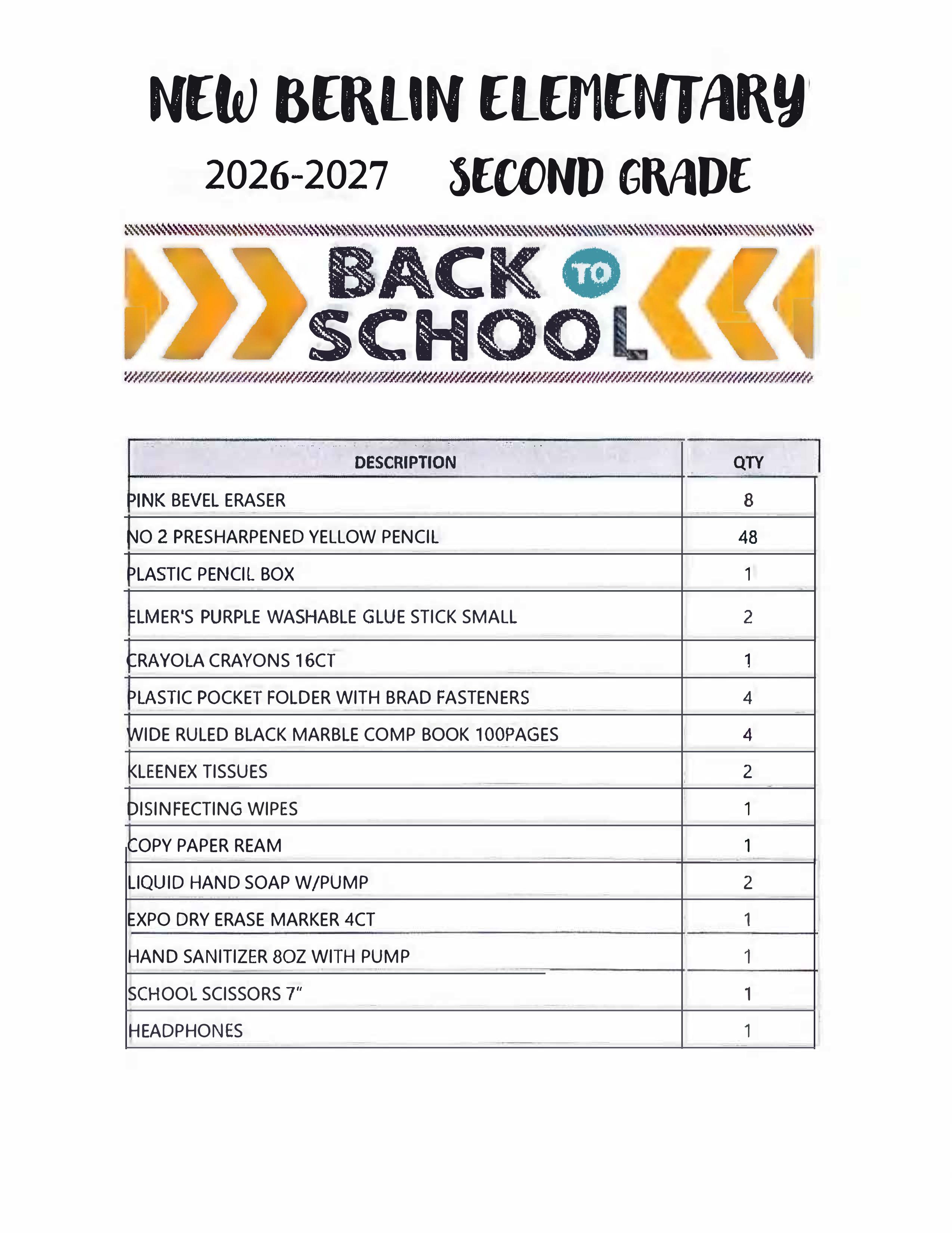 A list titled "New Berlin Elementary 2026-2027 Second Grade" includes supplies for back-to-school, such as pencils, crayons, and sanitizer.