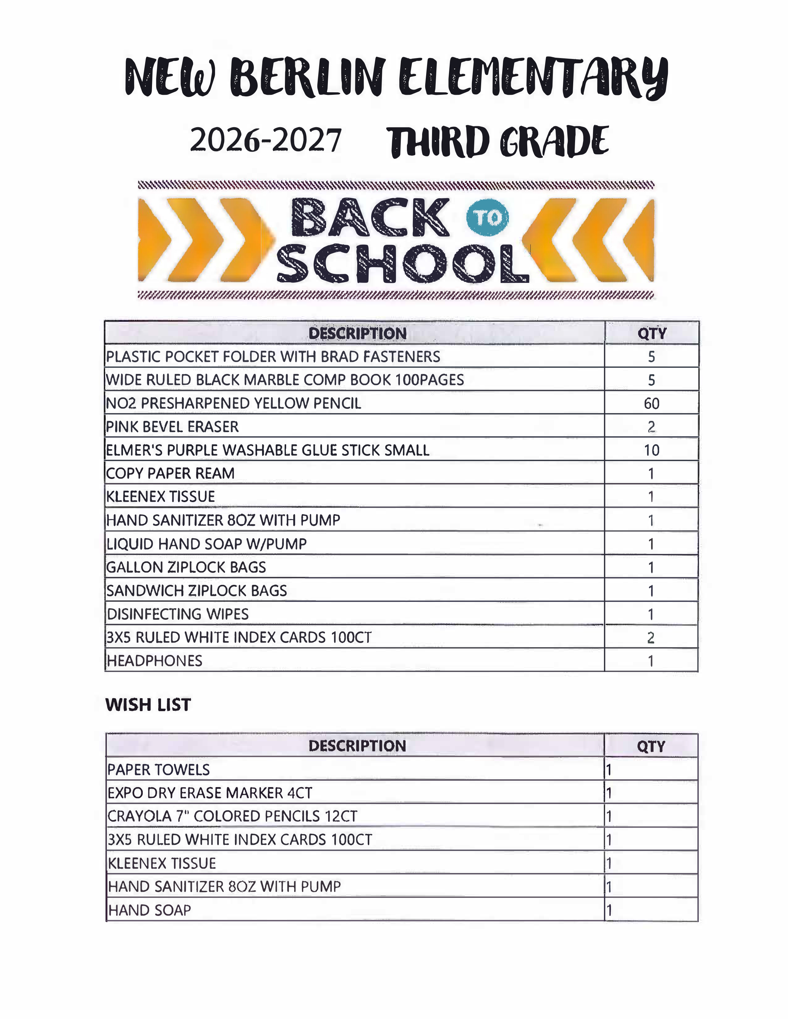 List of required and wish list items for New Berlin Elementary third grade for 2026-2027 school year.
