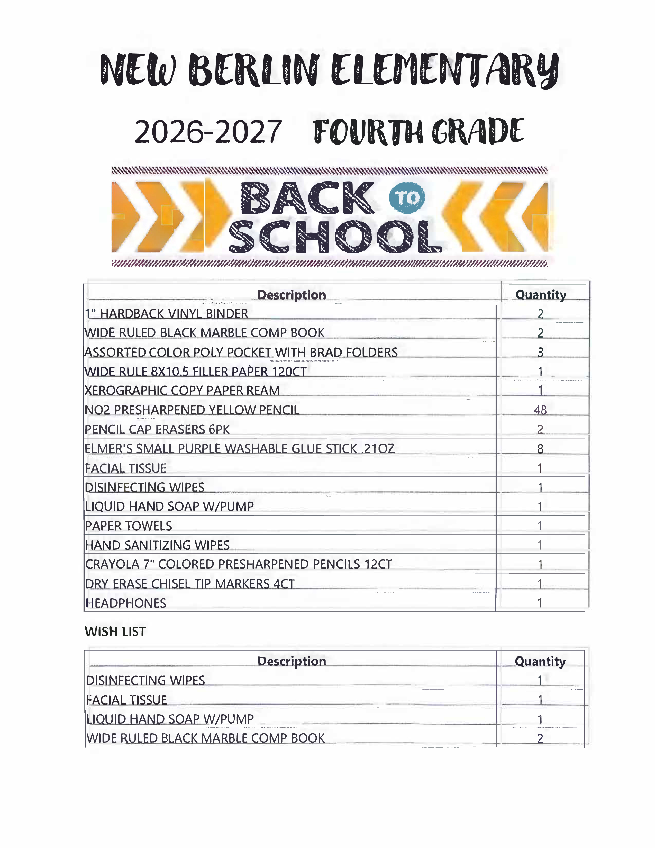 A back-to-school wish list for fourth graders at New Berlin Elementary for 2026-2027. The list includes items like hardback vinyl binders, colored pencils, and sanitizing wipes.