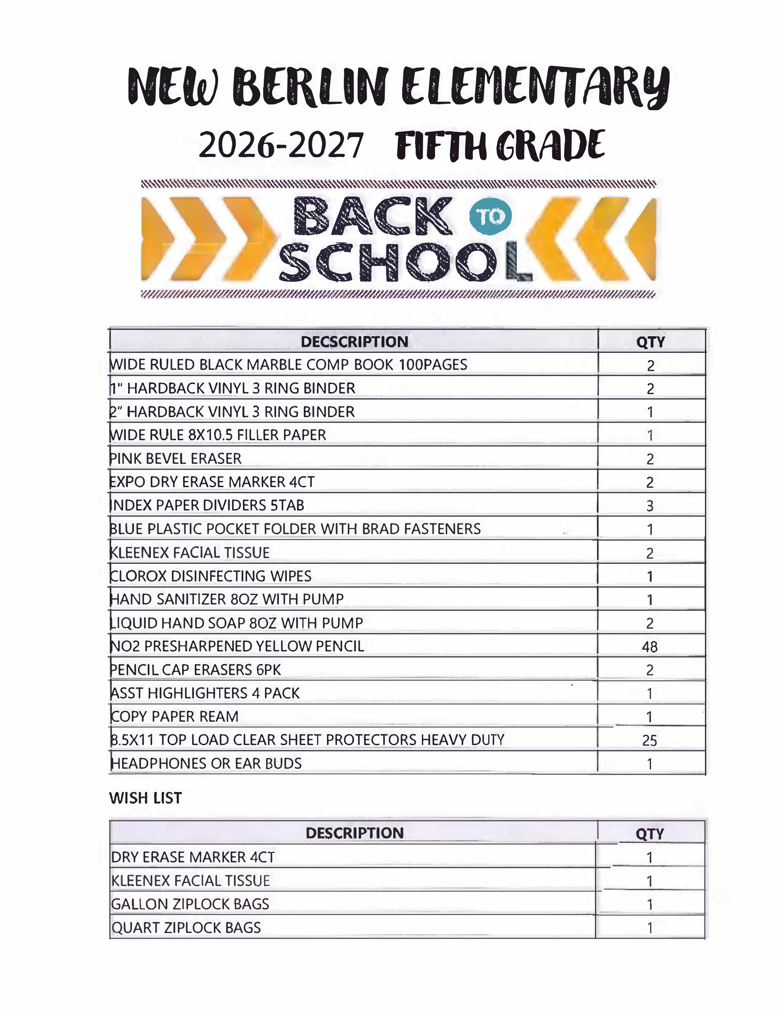 A white page displays a list of items for the New Berlin Elementary School fifth grade for the 2026-2027 school year.