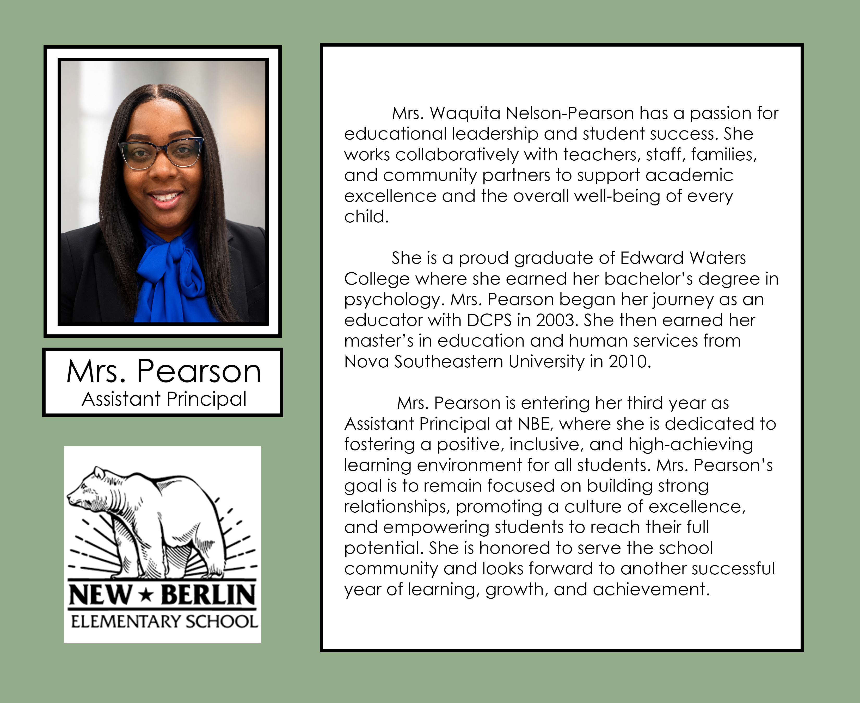 A green background displays a headshot of a woman with text and a school logo. The text describes her role and achievements.