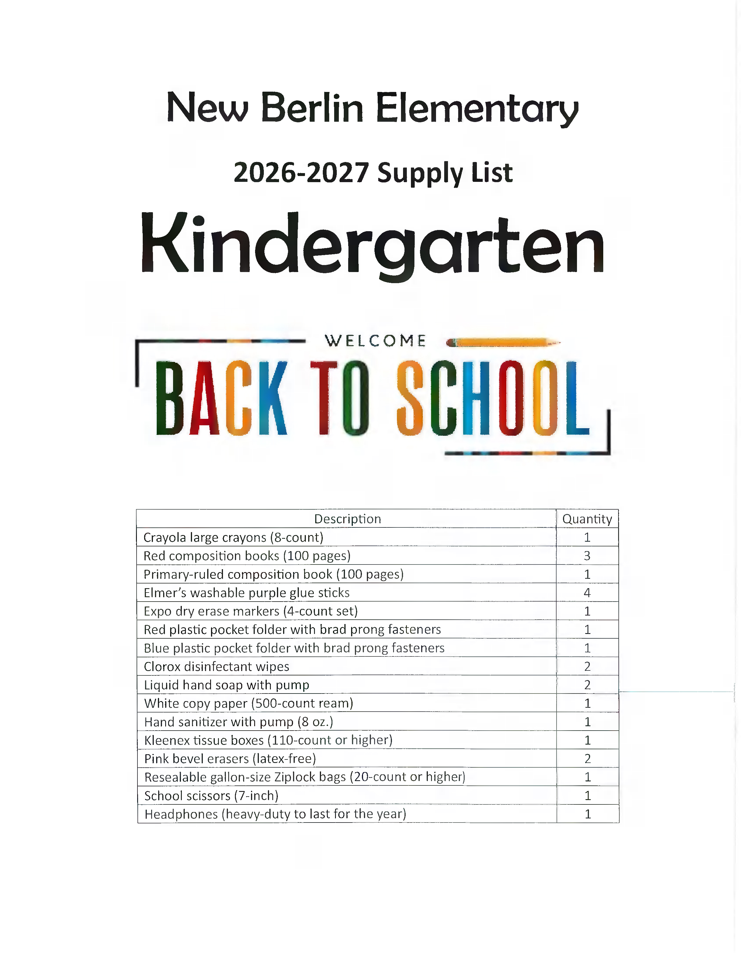 kindergarten supply list