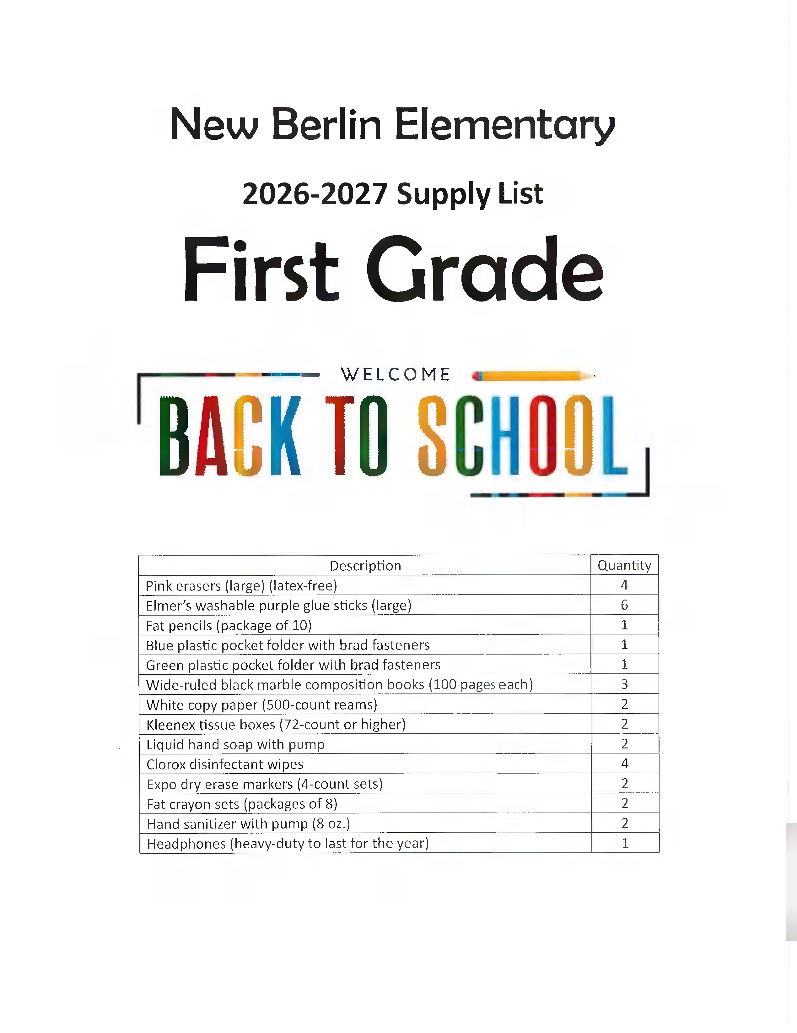 1st grade supply list