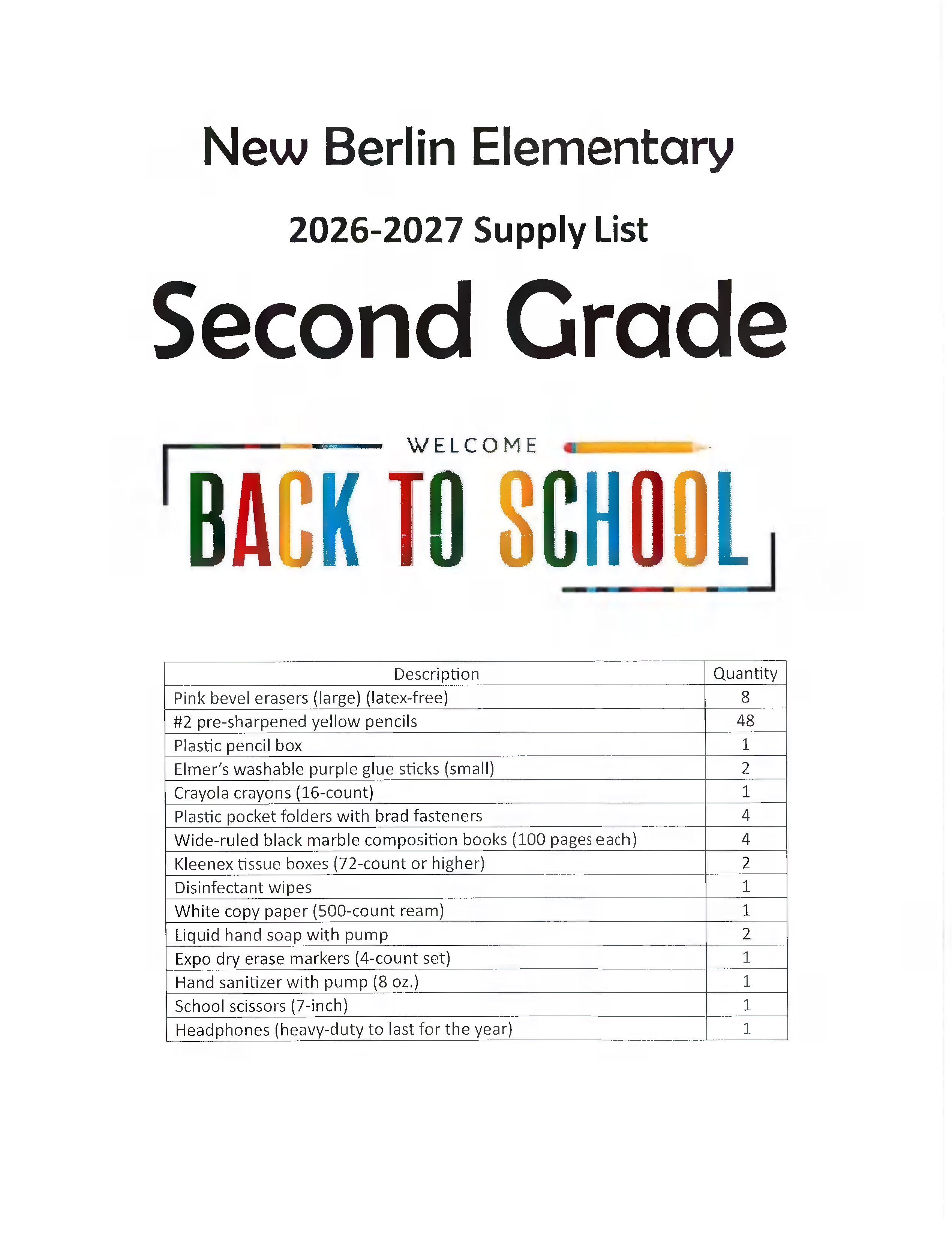 2nd grade supply list