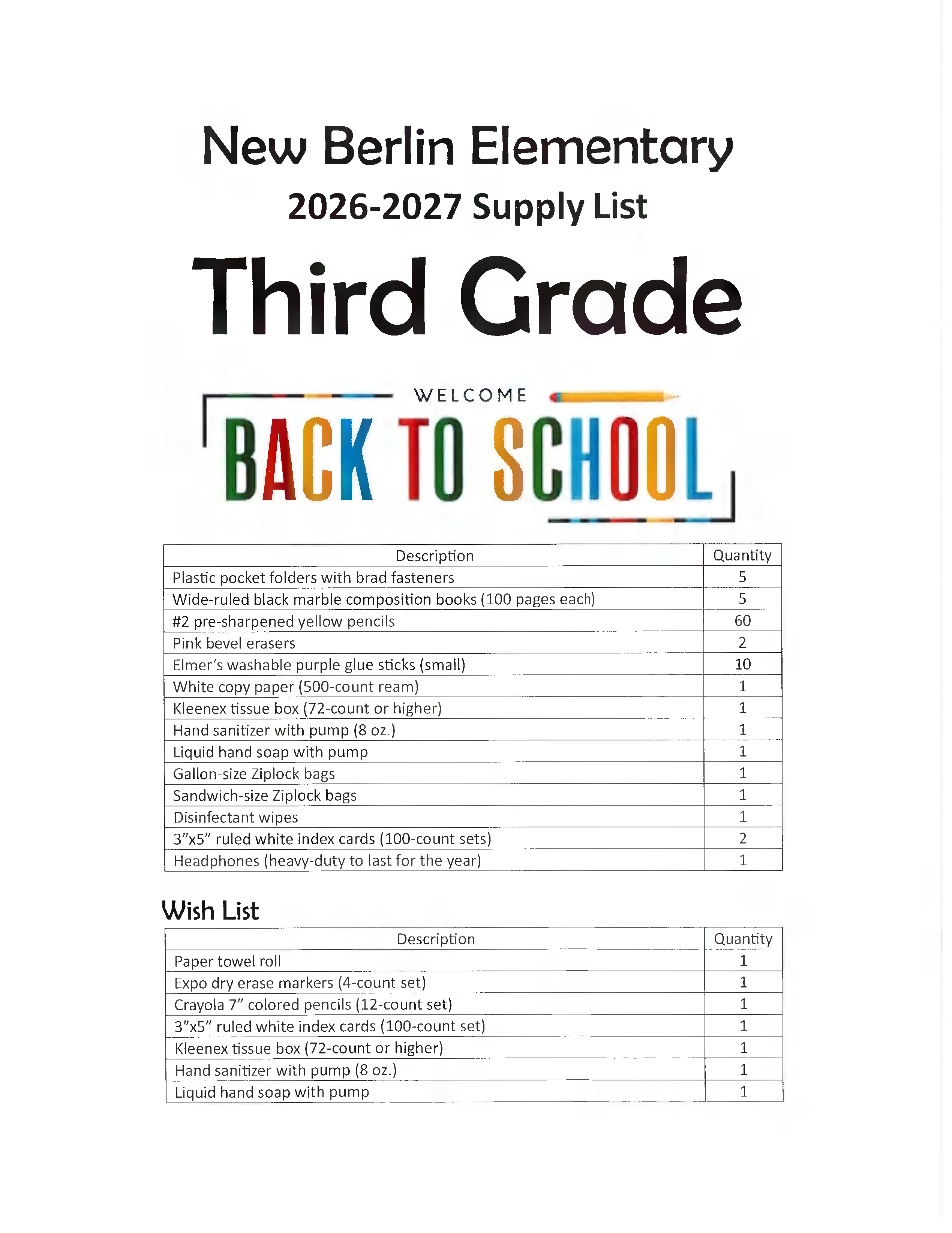 3rd grade supply list