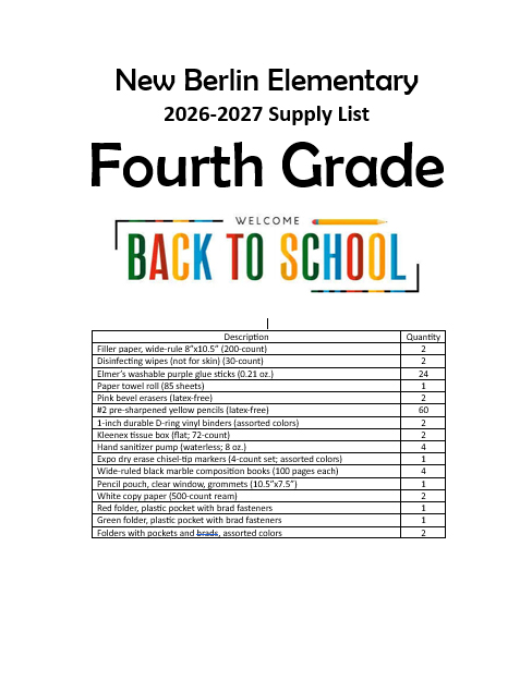 4th grade supply list