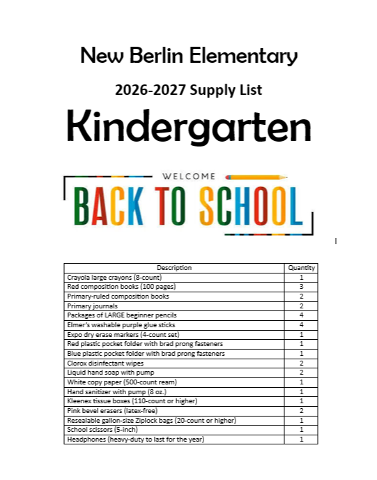 White background with black text. Title: "New Berlin Elementary 2026-2027 Supply List Kindergarten" and "Welcome Back to School" in colorful letters. A list of school supplies needed for Kindergarten.