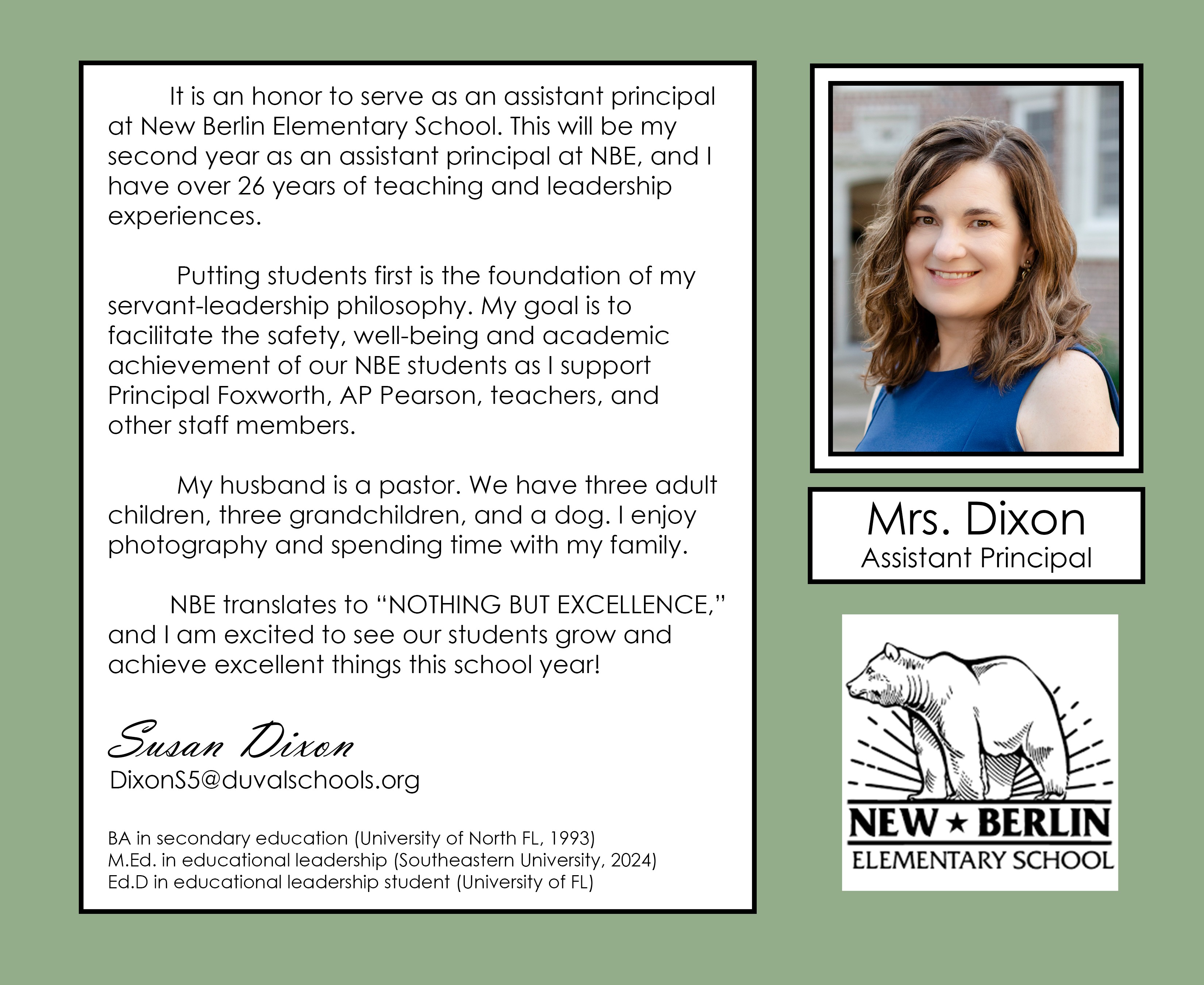 Text on a green background with a photo of a smiling woman, a bear logo, and a signature.