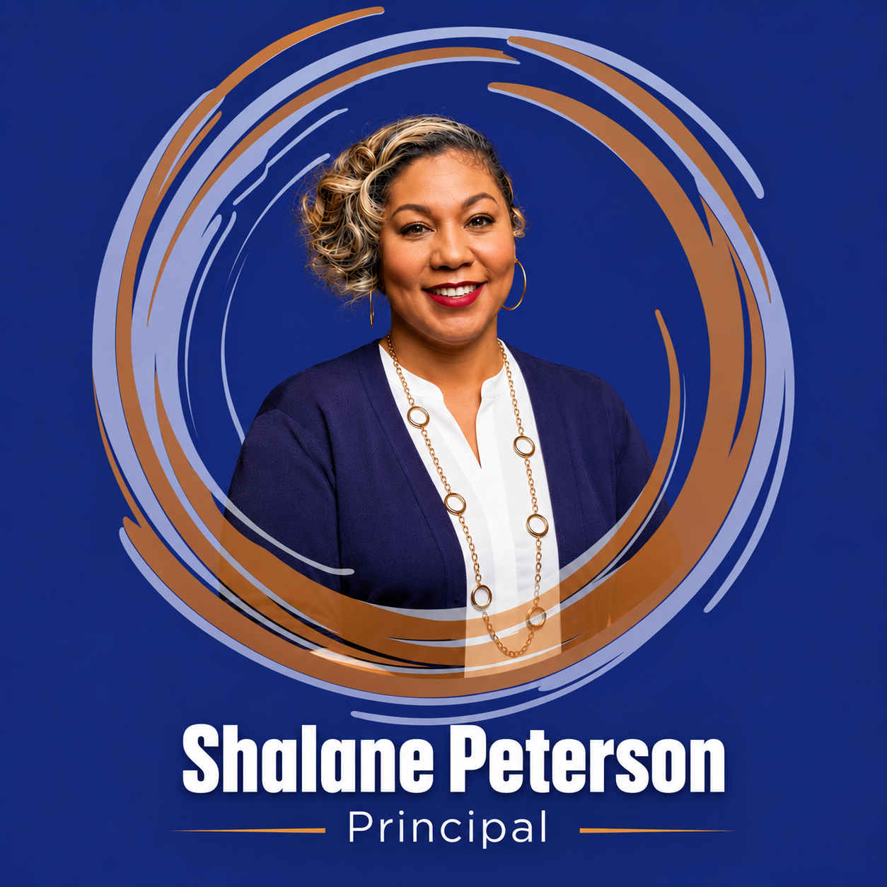 An adult woman stands smiling, with text below reading "Shalane Peterson Principal". Blue and brown circular frame surrounds the image.