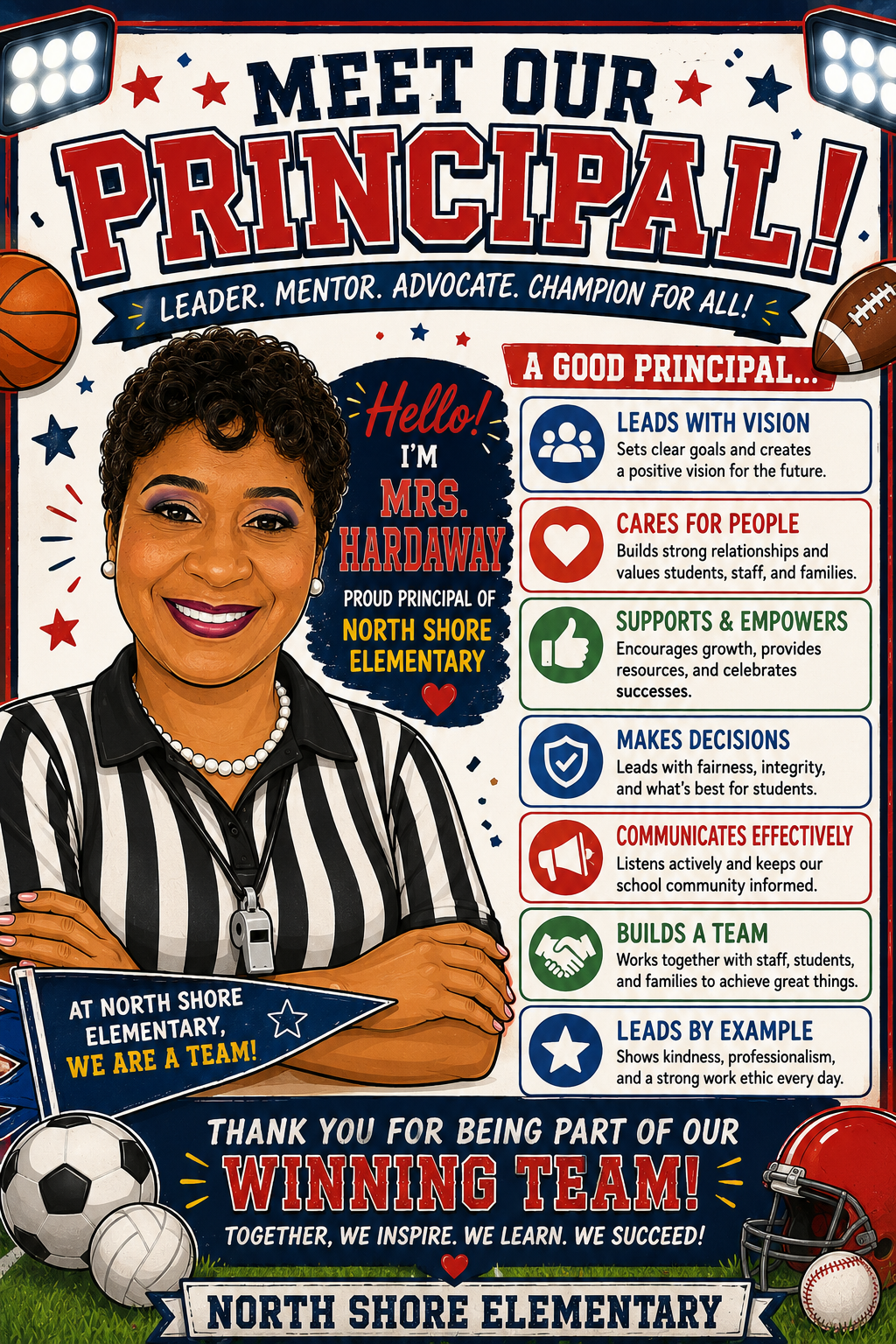 Poster with a smiling principal in a sports uniform. It lists leadership qualities. Background has sports imagery. Text reads "Meet Our Principal."