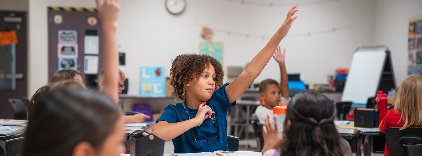 students raising their hands in class