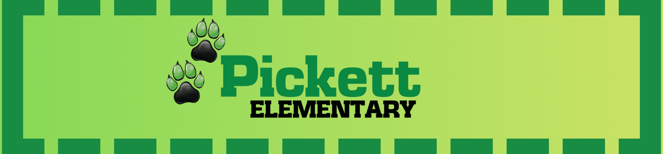 Green and white stripes frame a logo for Pickett Elementary, featuring a paw print and text.