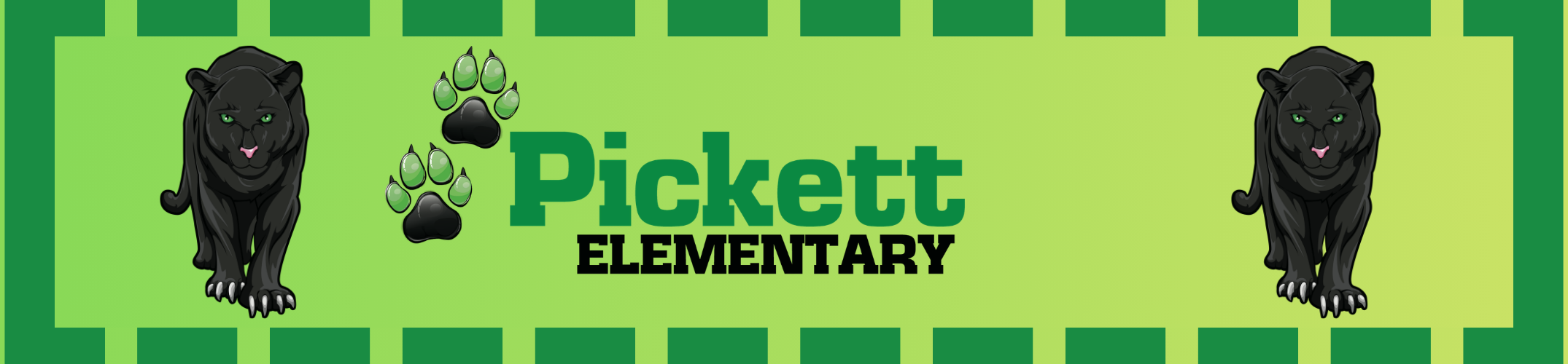 Logo for Pickett Elementary, featuring a green background with two black panther silhouettes and paw prints.