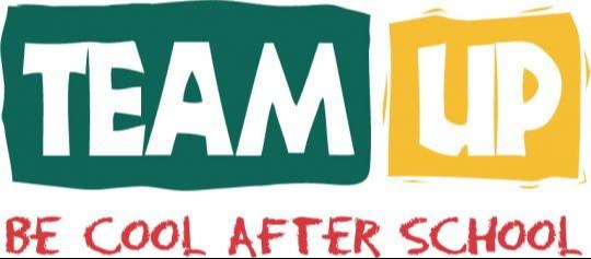 Logo with "TEAM UP" in green and yellow, and white letters. A slogan reads, "BE COOL AFTER SCHOOL".