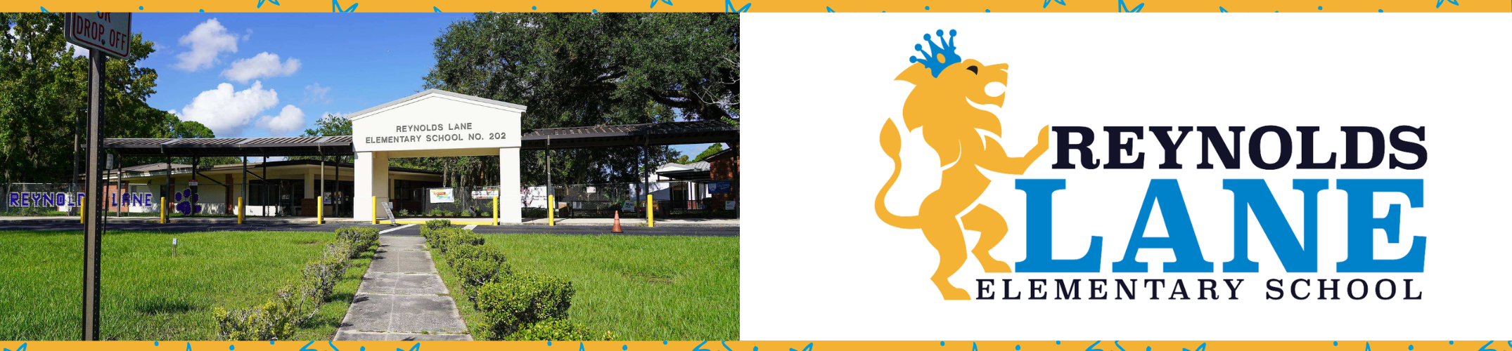 A building with a pathway in front and a grassy lawn. Logo with lion, text "REYNOLDS LANE ELEMENTARY SCHOOL" and background.