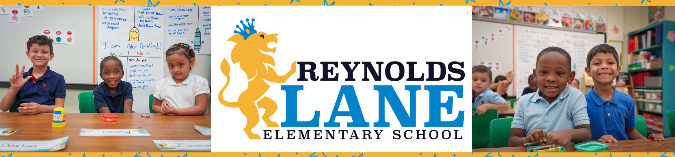 A collage with kids in classroom. Text reads "REYNOLDS LANE ELEMENTARY SCHOOL" over a lion logo.