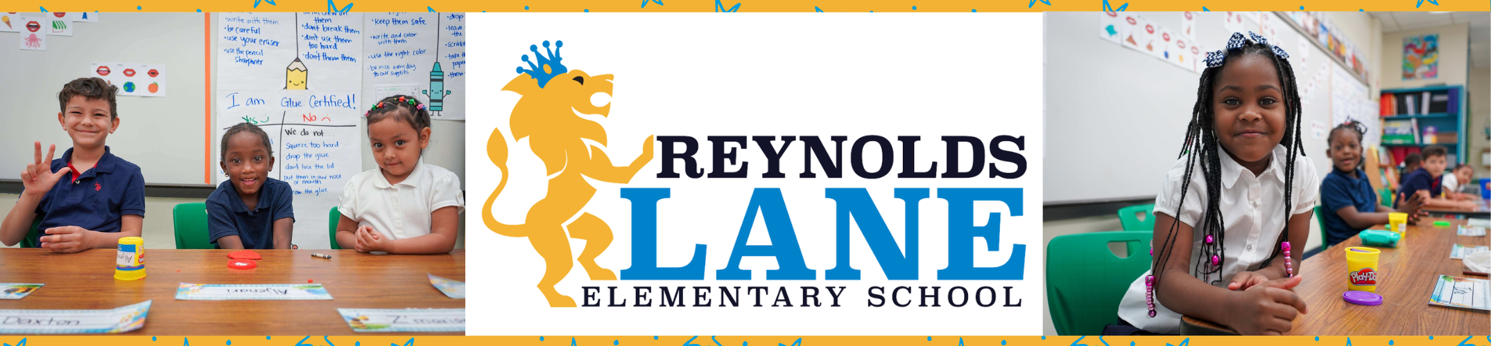 A classroom with children seated at tables. A collage features a lion logo and text reading "REYNOLDS LANE ELEMENTARY SCHOOL."