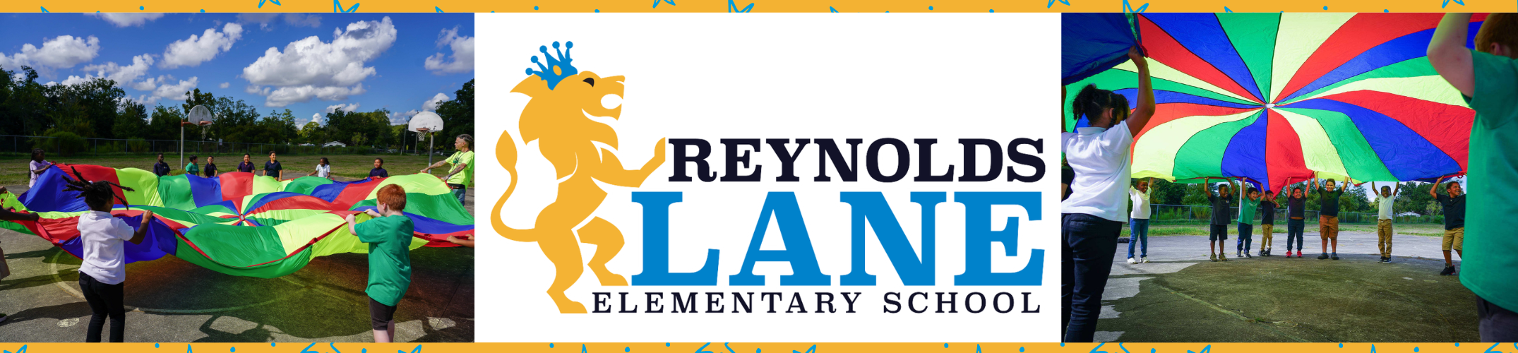 A collage shows a school logo, a multicolored parachute, and children outdoors, likely at Reynolds Lane Elementary School.
