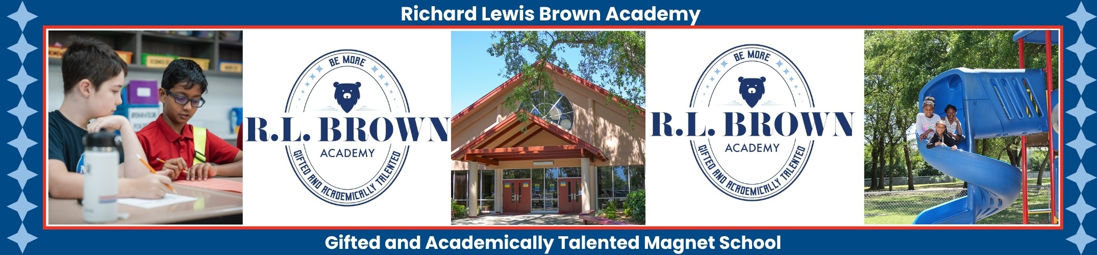 Collage of images featuring students, school building, and playground, with text reading "Richard Lewis Brown Academy" and "Gifted and Academically Talented Magnet School".