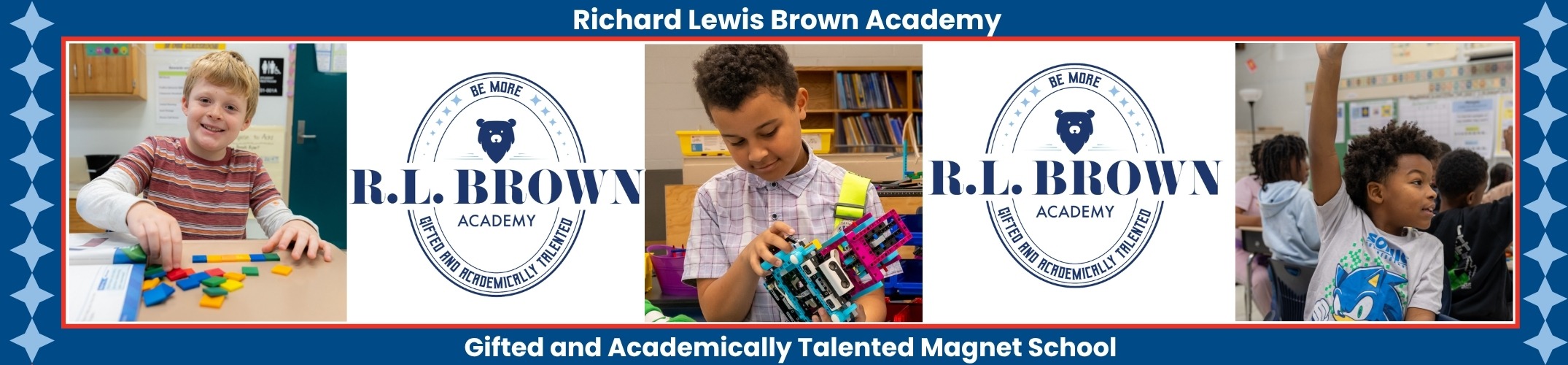 Banner with four photos of children and logos. One photo is of a boy holding colorful blocks.