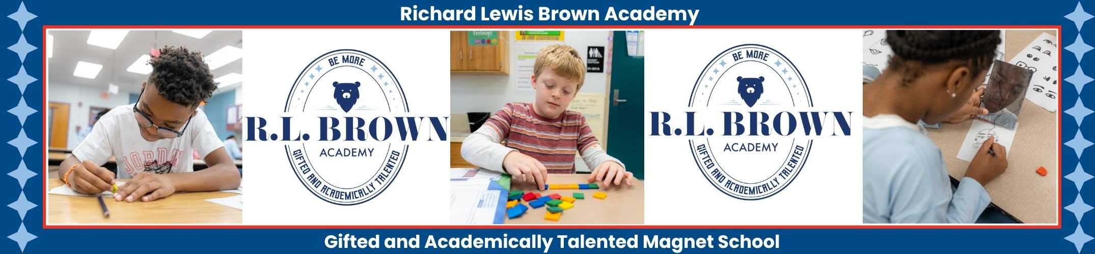 Three children sit at a desk, engaging with cubes, set against a backdrop with Richard Lewis Brown Academy's logo.